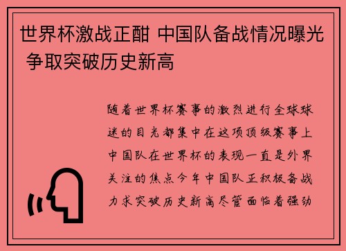 世界杯激战正酣 中国队备战情况曝光 争取突破历史新高